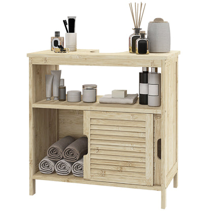 Bamboo Under Sink Cabinet, Bathroom Storage Cabinet with 2 Sliding Doors, 60 x 30 x 60 cm, Natural Wood