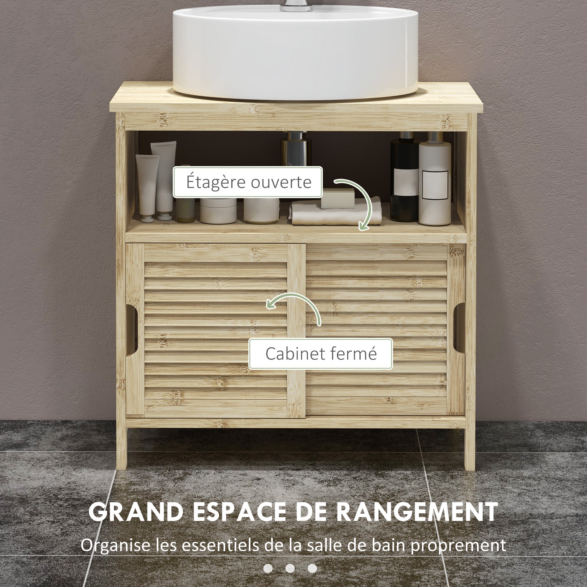 Bamboo Under Sink Cabinet, Bathroom Storage Cabinet with 2 Sliding Doors, 60 x 30 x 60 cm, Natural Wood