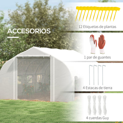 4x3x2m Tunnel Greenhouse Garden Greenhouse with Mesh Door and 8 Windows Orchard Greenhouse with Pointed Roof Shutters and Roll-Up Sides for Crops Plants Vegetables White