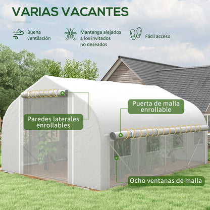 4x3x2m Tunnel Greenhouse Garden Greenhouse with Mesh Door and 8 Windows Orchard Greenhouse with Pointed Roof Shutters and Roll-Up Sides for Crops Plants Vegetables White