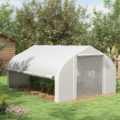 4x3x2m Tunnel Greenhouse Garden Greenhouse with Mesh Door and 8 Windows Orchard Greenhouse with Pointed Roof Shutters and Roll-Up Sides for Crops Plants Vegetables White