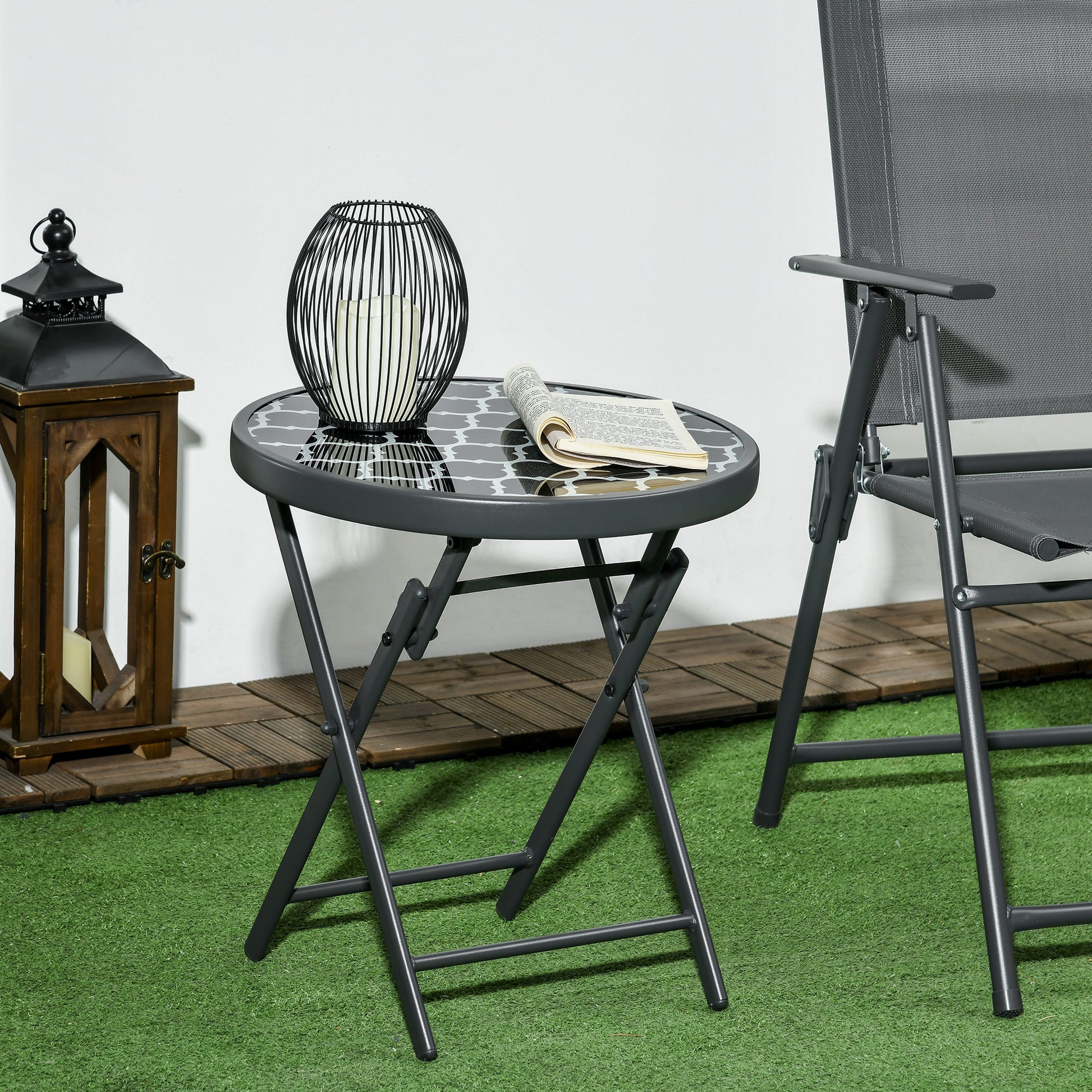 Folding Side Table, Glass Folding Table, Small Camping Table, Round Sofa Table Balcony Table for Balcony Terrace Living Room Office, 45 x 45 x 50 cm, Black