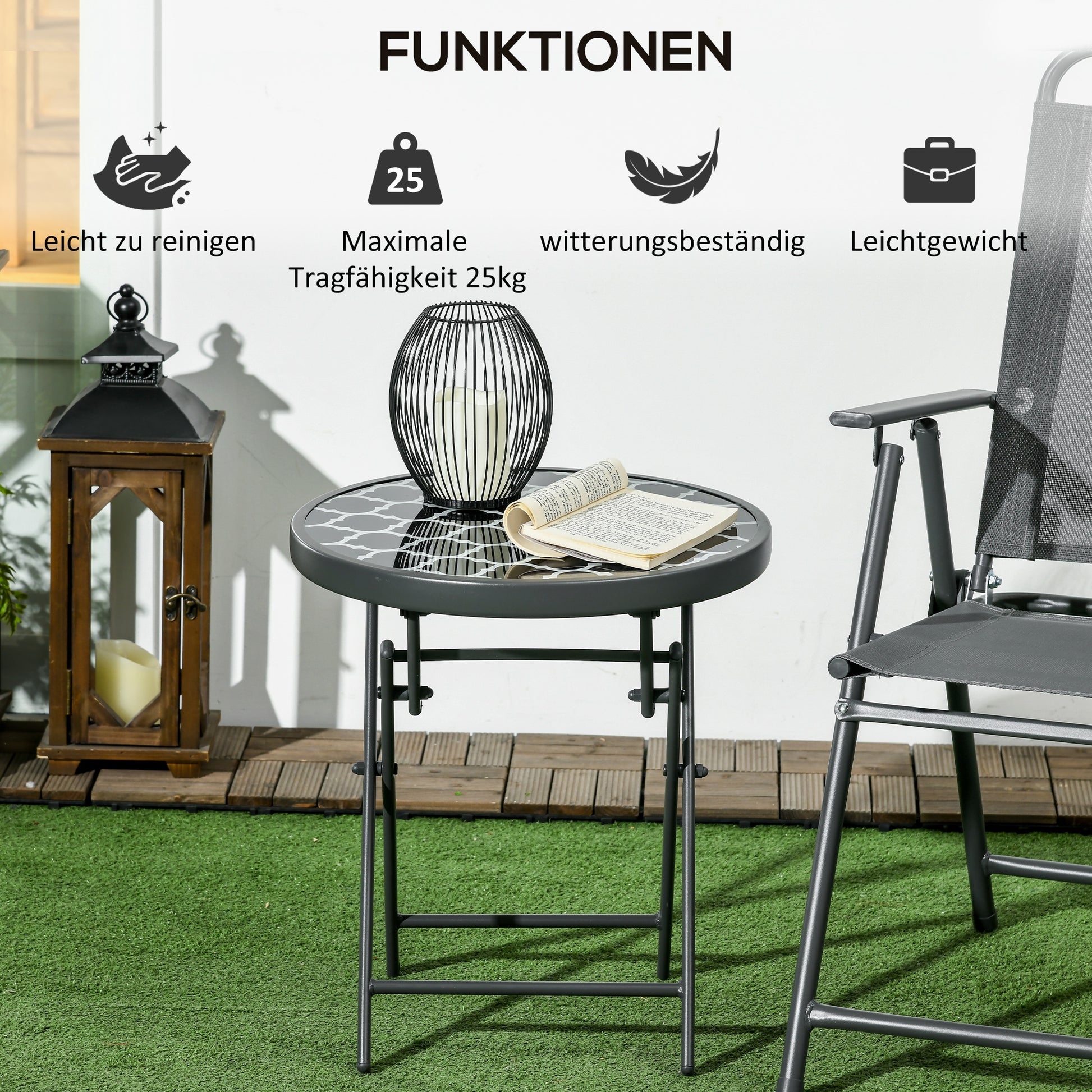 Folding Side Table, Glass Folding Table, Small Camping Table, Round Sofa Table Balcony Table for Balcony Terrace Living Room Office, 45 x 45 x 50 cm, Black
