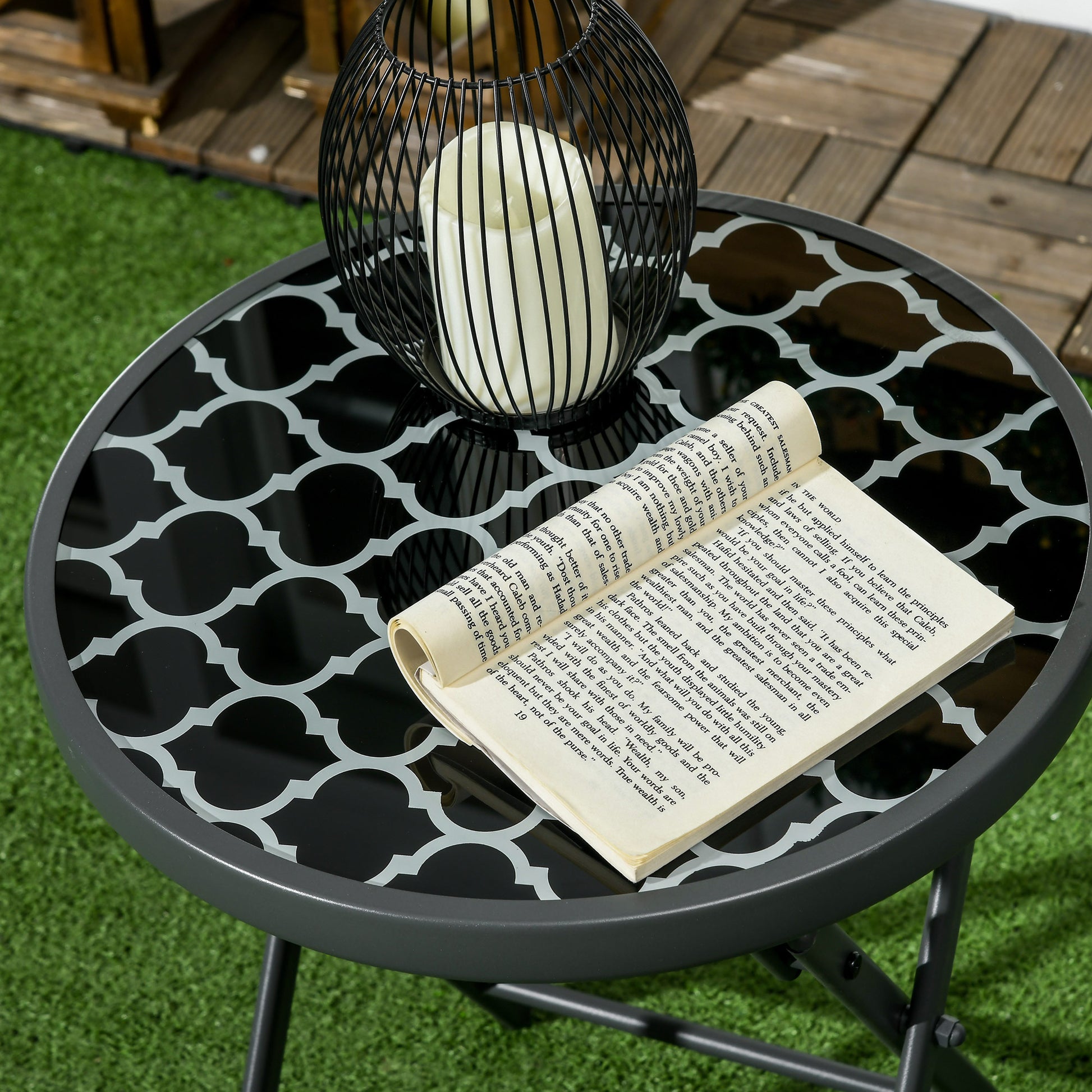Folding Side Table, Glass Folding Table, Small Camping Table, Round Sofa Table Balcony Table for Balcony Terrace Living Room Office, 45 x 45 x 50 cm, Black