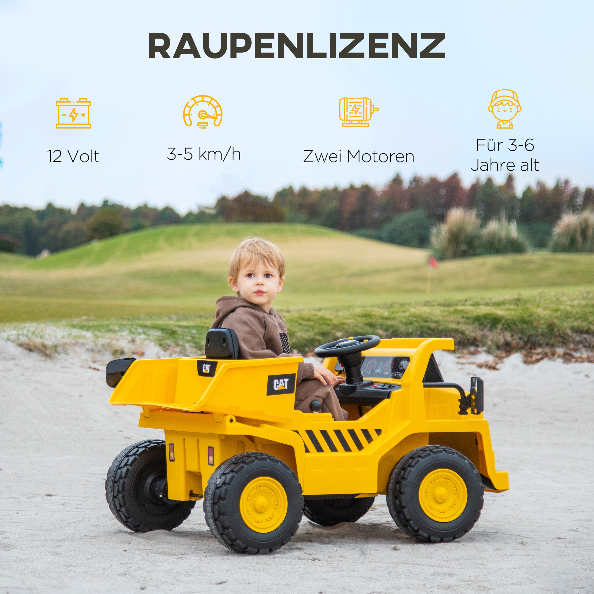 Children's Electric Tractor 12V Sit-On Tractor with 2.4 GHz Remote Control, Bucket, Shovel, Electric Car with Music, Speaker, Headlights, 3-5 km/h, for 3-6 Year Olds, Yellow