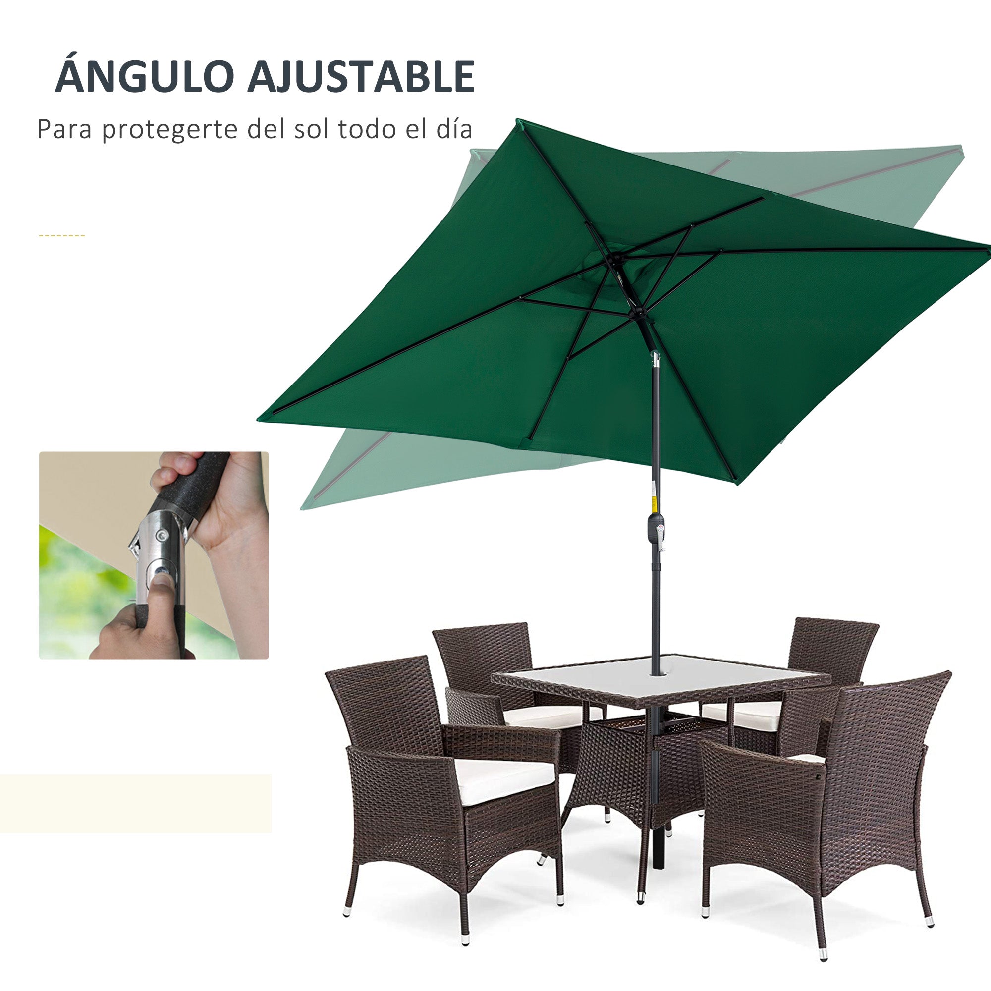 Aluminum Umbrella 195x295x253 cm Rectangular Garden Parasol with Crank and Detachable Pole for Terrace Pool Patio Outdoor Green