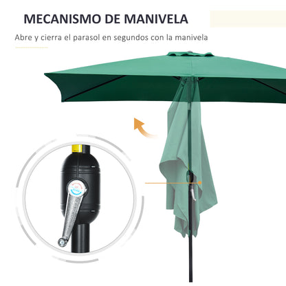 Aluminum Umbrella 195x295x253 cm Rectangular Garden Parasol with Crank and Detachable Pole for Terrace Pool Patio Outdoor Green