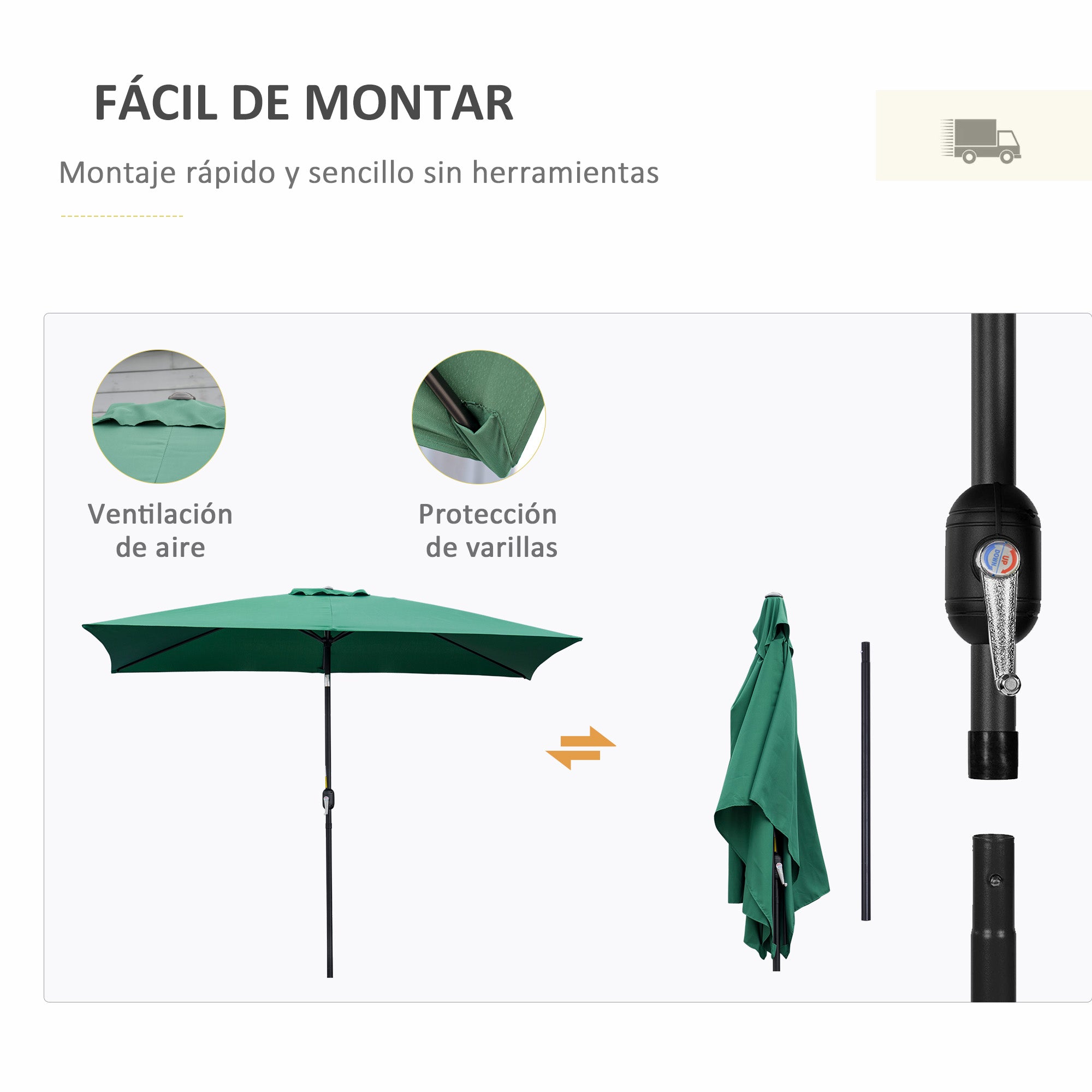 Aluminum Umbrella 195x295x253 cm Rectangular Garden Parasol with Crank and Detachable Pole for Terrace Pool Patio Outdoor Green