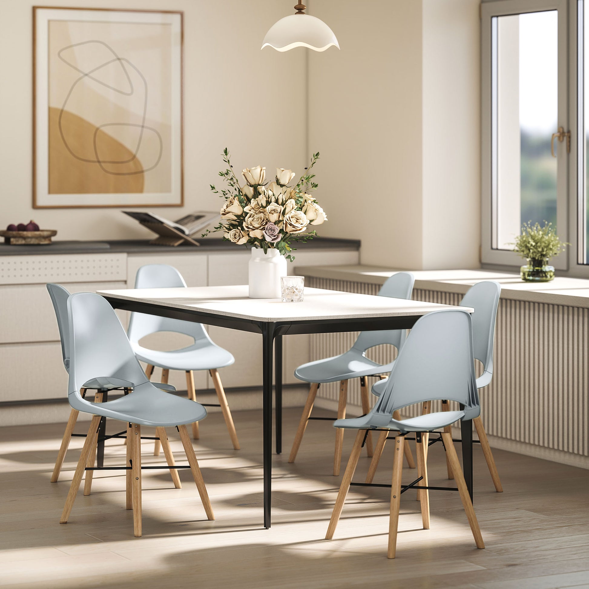 Set of 2 Dining Room Chairs, Modern Kitchen Chairs with Cut-Out Backrest Design and Rubber Wood Legs, Plastic Chairs for Kitchen, Bedroom, Office, and Living Room, Gray