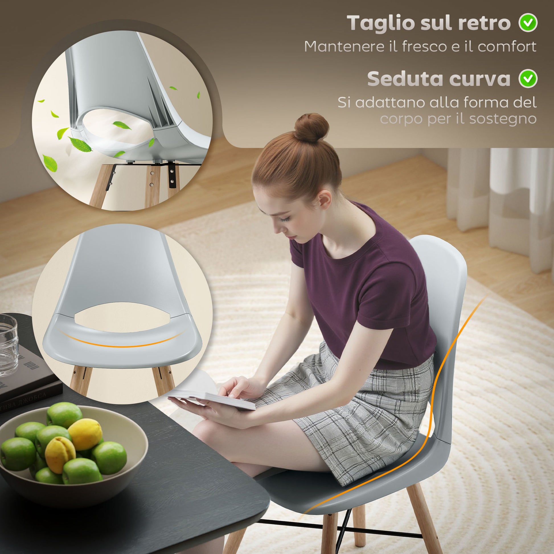 Set of 2 Dining Room Chairs, Modern Kitchen Chairs with Cut-Out Backrest Design and Rubber Wood Legs, Plastic Chairs for Kitchen, Bedroom, Office, and Living Room, Gray