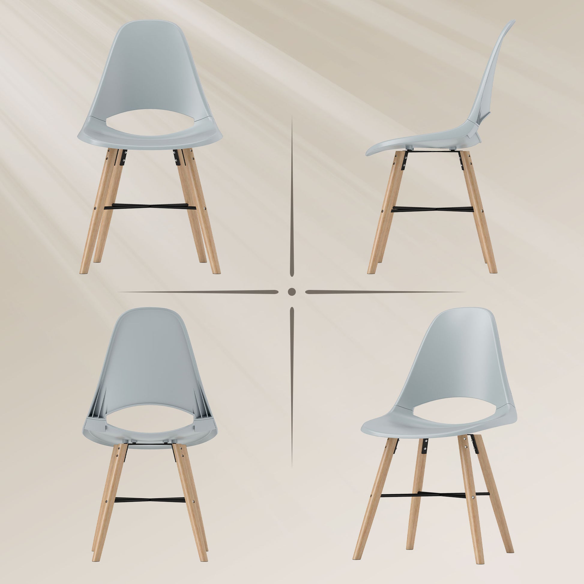 Set of 2 Dining Room Chairs, Modern Kitchen Chairs with Cut-Out Backrest Design and Rubber Wood Legs, Plastic Chairs for Kitchen, Bedroom, Office, and Living Room, Gray