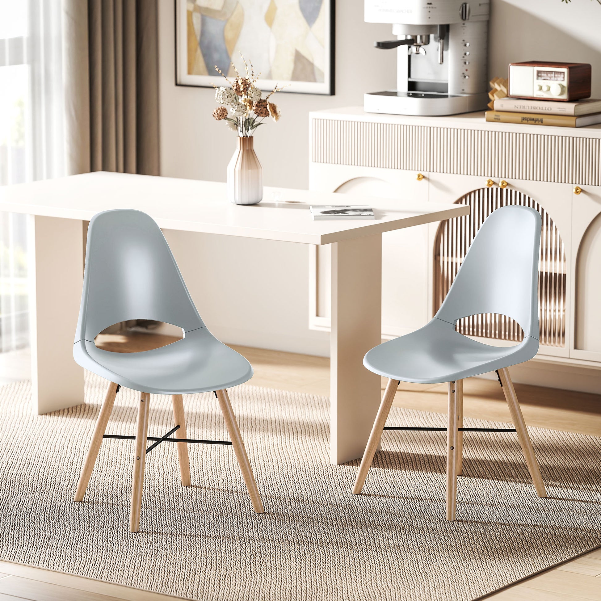 Set of 2 Dining Room Chairs, Modern Kitchen Chairs with Cut-Out Backrest Design and Rubber Wood Legs, Plastic Chairs for Kitchen, Bedroom, Office, and Living Room, Gray
