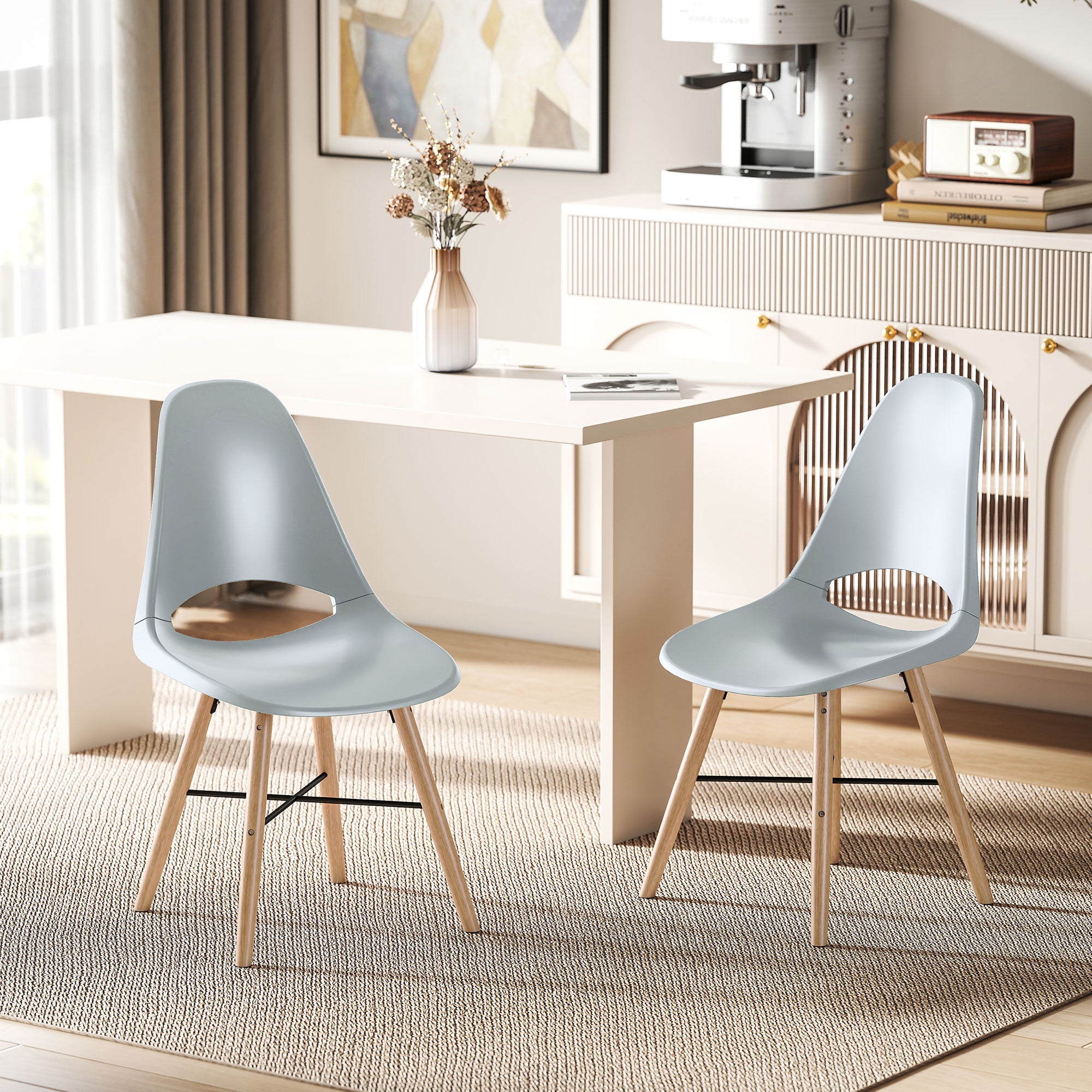 Set of 2 Dining Room Chairs, Modern Kitchen Chairs with Cut-Out Backrest Design and Rubber Wood Legs, Plastic Chairs for Kitchen, Bedroom, Office, and Living Room, Gray