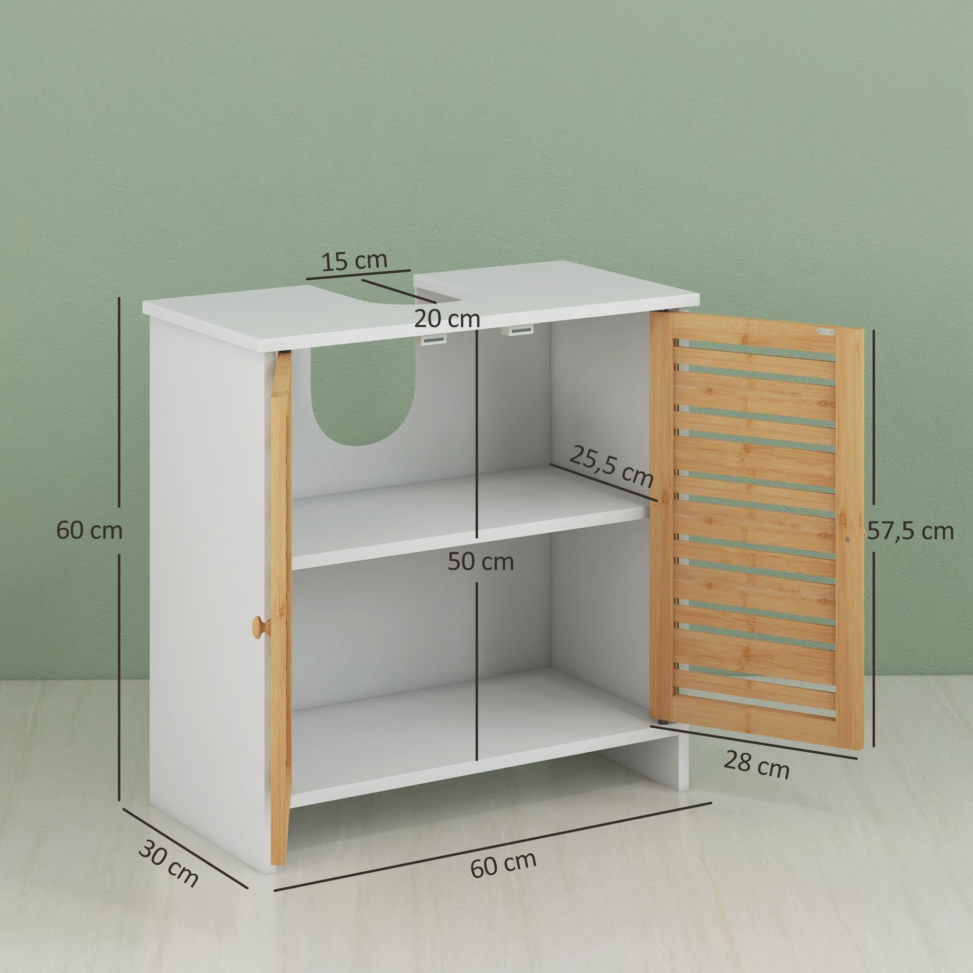 Under Sink Cabinet Modern Bathroom Cabinet with Bamboo Magnetic Doors and Adjustable Shelf 60x30x60 cm White and Natural