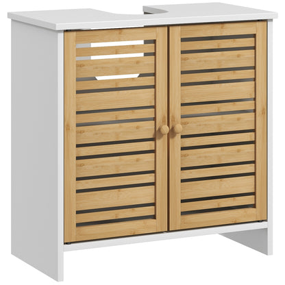 Under Sink Cabinet Modern Bathroom Cabinet with Bamboo Magnetic Doors and Adjustable Shelf 60x30x60 cm White and Natural