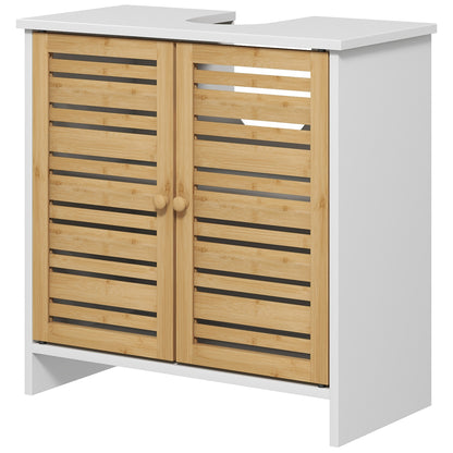 Under Sink Cabinet Modern Bathroom Cabinet with Bamboo Magnetic Doors and Adjustable Shelf 60x30x60 cm White and Natural