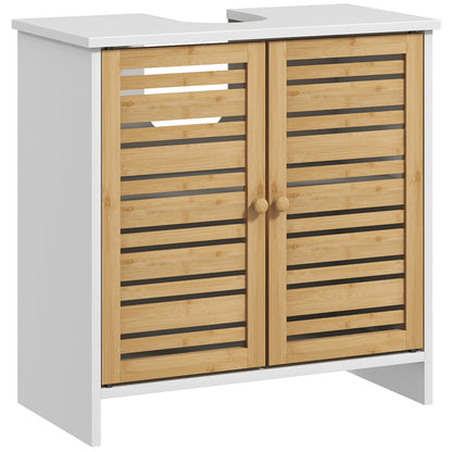 Under Sink Cabinet Modern Bathroom Cabinet with Bamboo Magnetic Doors and Adjustable Shelf 60x30x60 cm White and Natural