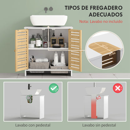 Under Sink Cabinet Modern Bathroom Cabinet with Bamboo Magnetic Doors and Adjustable Shelf 60x30x60 cm White and Natural