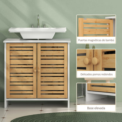 Under Sink Cabinet Modern Bathroom Cabinet with Bamboo Magnetic Doors and Adjustable Shelf 60x30x60 cm White and Natural