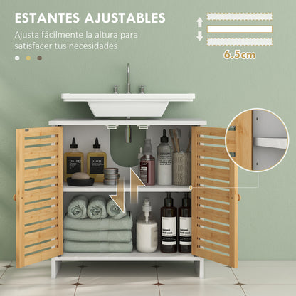 Under Sink Cabinet Modern Bathroom Cabinet with Bamboo Magnetic Doors and Adjustable Shelf 60x30x60 cm White and Natural