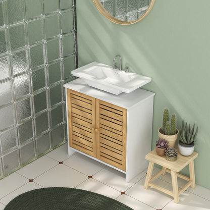 Under Sink Cabinet Modern Bathroom Cabinet with Bamboo Magnetic Doors and Adjustable Shelf 60x30x60 cm White and Natural