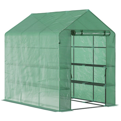 Walk-in Greenhouse with 8 Shelves Tomato Greenhouse Nursery with Door Green Steel PE Plastic 214 x 143 x 195 cm