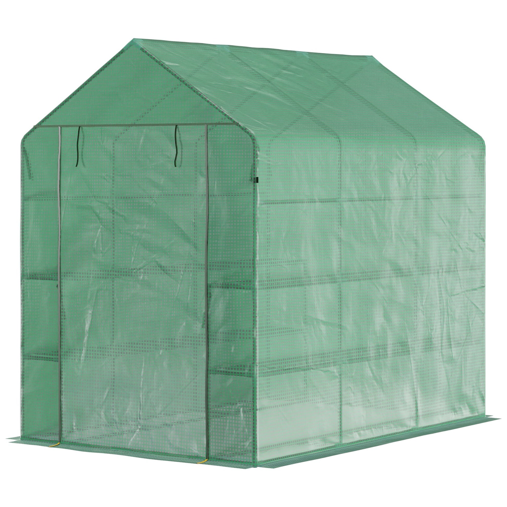 Walk-in Greenhouse with 8 Shelves Tomato Greenhouse Nursery with Door Green Steel PE Plastic 214 x 143 x 195 cm