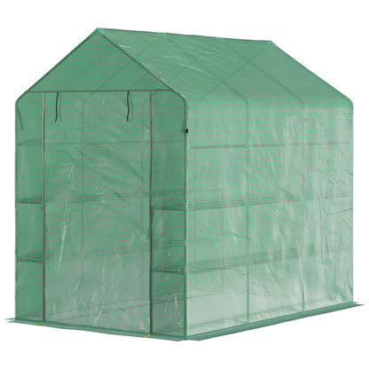 Walk-in Greenhouse with 8 Shelves Tomato Greenhouse Nursery with Door Green Steel PE Plastic 214 x 143 x 195 cm