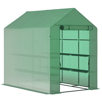 Walk-in Greenhouse with 8 Shelves Tomato Greenhouse Nursery with Door Green Steel PE Plastic 214 x 143 x 195 cm