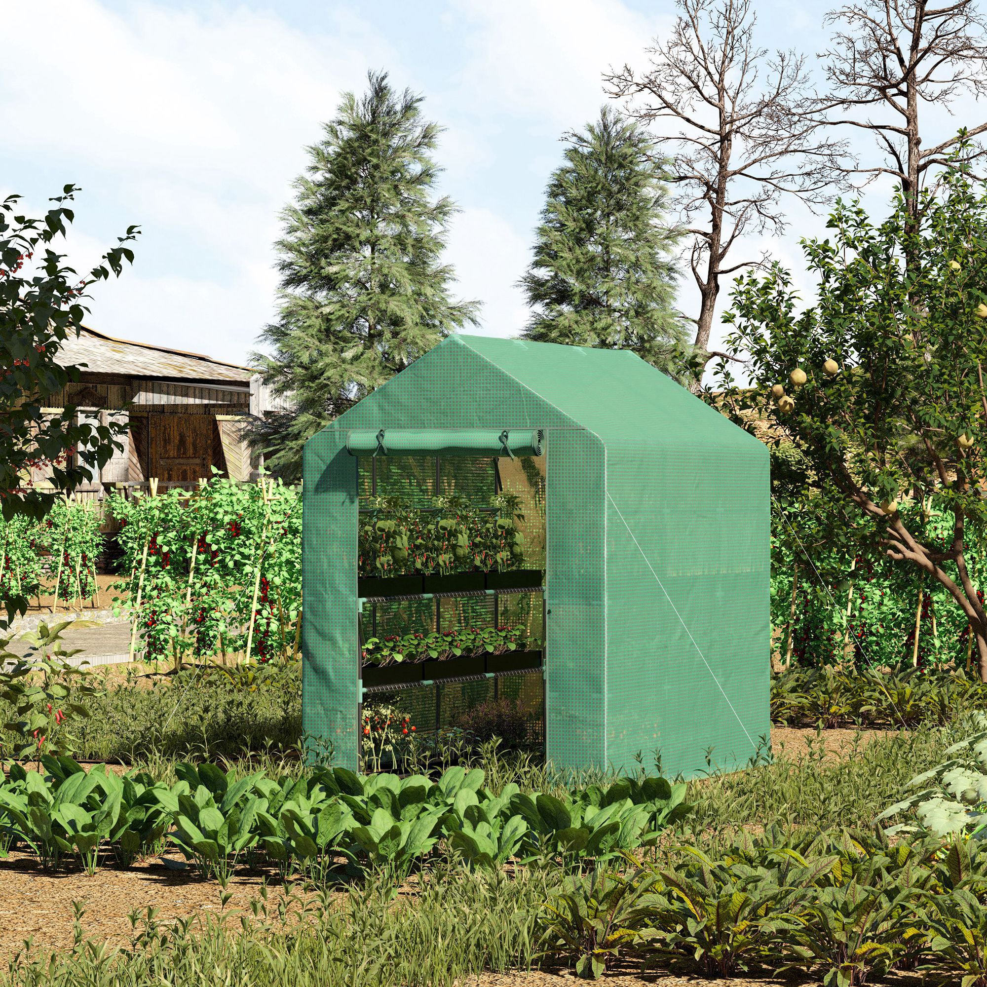 Walk-in Greenhouse with 8 Shelves Tomato Greenhouse Nursery with Door Green Steel PE Plastic 214 x 143 x 195 cm