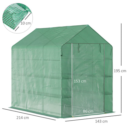 Walk-in Greenhouse with 8 Shelves Tomato Greenhouse Nursery with Door Green Steel PE Plastic 214 x 143 x 195 cm