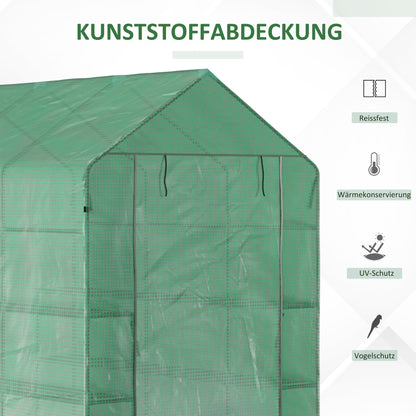 Walk-in Greenhouse with 8 Shelves Tomato Greenhouse Nursery with Door Green Steel PE Plastic 214 x 143 x 195 cm