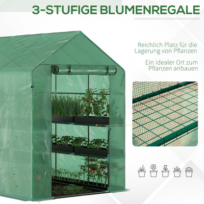 Walk-in Greenhouse with 8 Shelves Tomato Greenhouse Nursery with Door Green Steel PE Plastic 214 x 143 x 195 cm