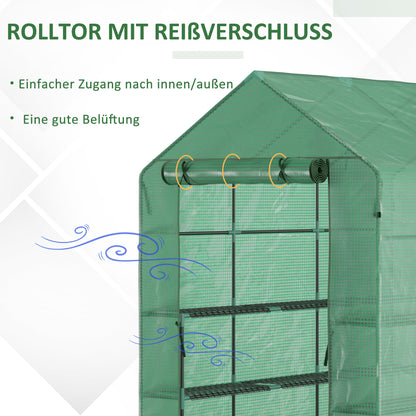 Walk-in Greenhouse with 8 Shelves Tomato Greenhouse Nursery with Door Green Steel PE Plastic 214 x 143 x 195 cm