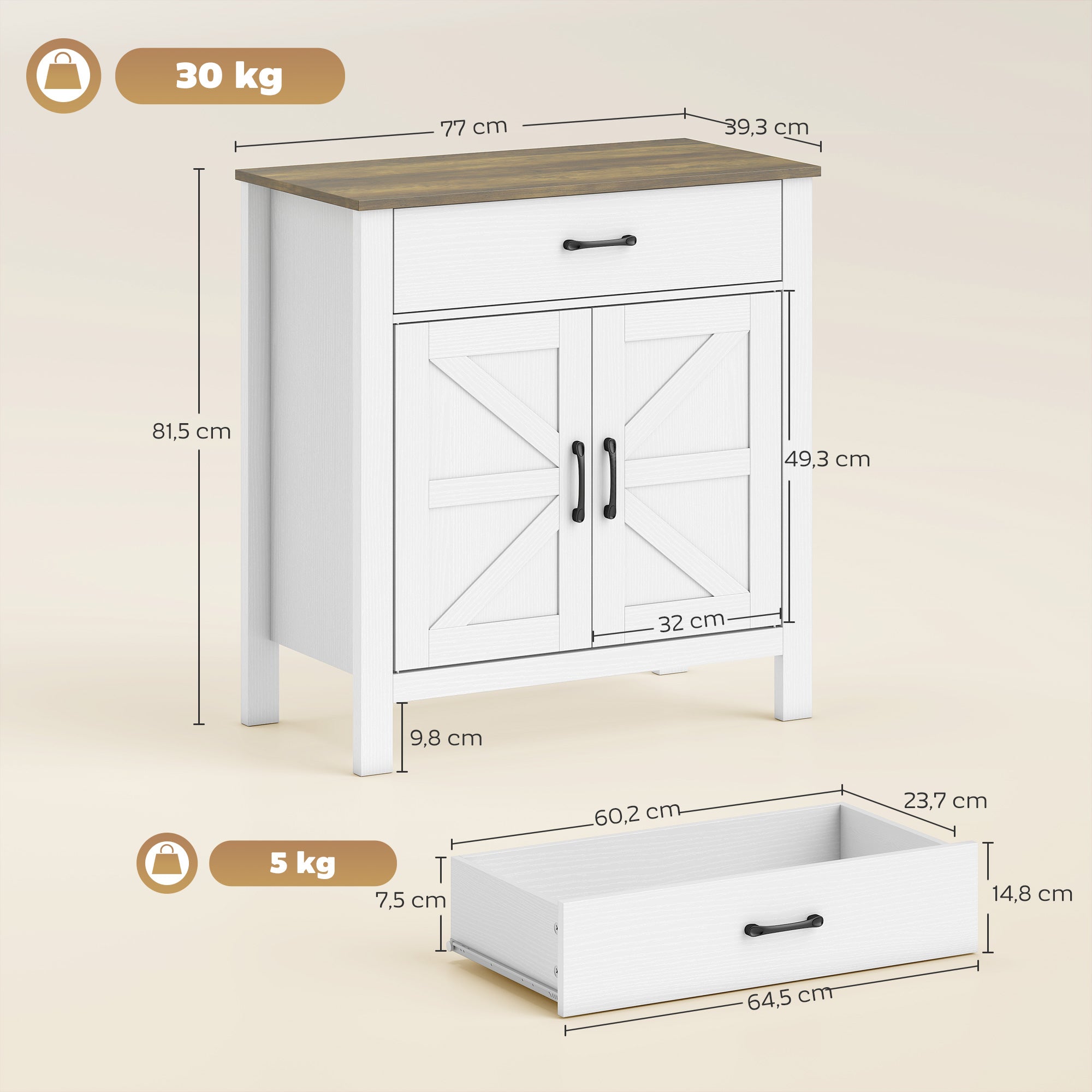Sideboard, Storage Cabinet with 2 Barn Doors, Drawer & Adjustable Shelf, Rustic Style Buffet for Dining Room & Kitchen, 30.3 x 15.5 x 32.1 in, White and Brown