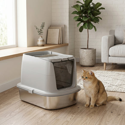 Covered Stainless Steel Cat Litter Box with Flip-Top Lid, Dual Entry, Scoop, High Walls, Leak-Resistant, Odor-Control, Easy to Clean - Light Gray