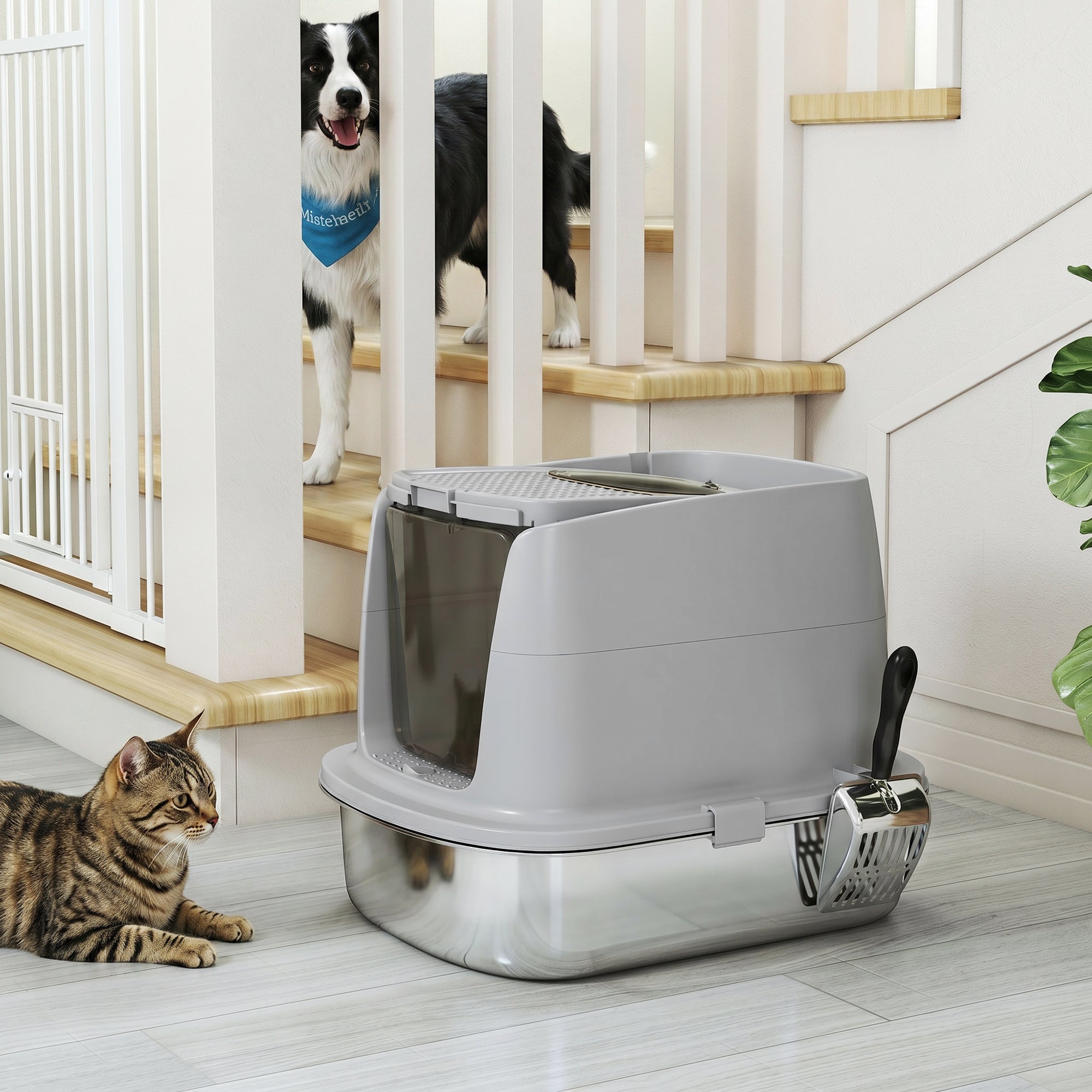 Covered Stainless Steel Cat Litter Box with Flip-Top Lid, Dual Entry, Scoop, High Walls, Leak-Resistant, Odor-Control, Easy to Clean - Light Gray