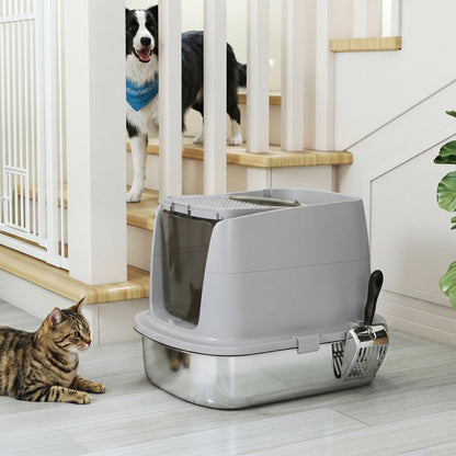 Covered Stainless Steel Cat Litter Box with Flip-Top Lid, Dual Entry, Scoop, High Walls, Leak-Resistant, Odor-Control, Easy to Clean - Light Gray