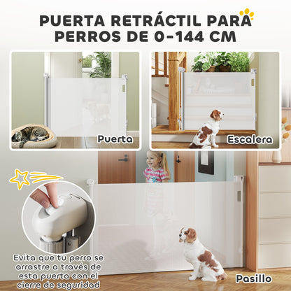 Retractable Dog Gate 0-144 cm Small Dog Gate Extensible Pet Safety Barrier with Locking Switch for Stairs Doorways Hallways White