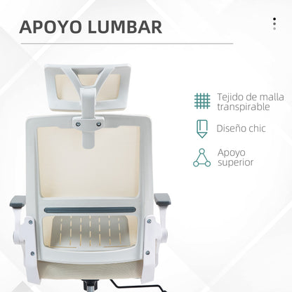 Mesh Office Chair with Reclining Function Swivel Desk Chair with Adjustable Height Adjustable Headrest and Armrests Load Capacity 120 kg for Study Beige