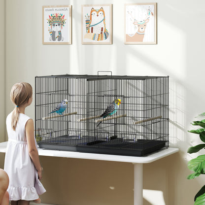 Bird Cage with Divider Aviary with 4 Feeders 4 Perches and Removable Tray Cage for Parrots Canaries Budgies 94x57x57 cm Black