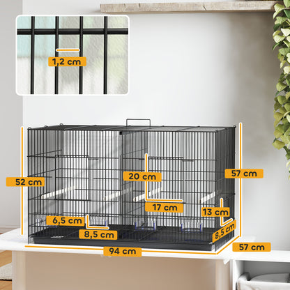 Bird Cage with Divider Aviary with 4 Feeders 4 Perches and Removable Tray Cage for Parrots Canaries Budgies 94x57x57 cm Black