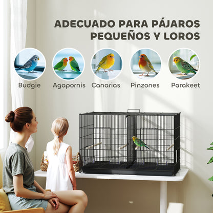 Bird Cage with Divider Aviary with 4 Feeders 4 Perches and Removable Tray Cage for Parrots Canaries Budgies 94x57x57 cm Black