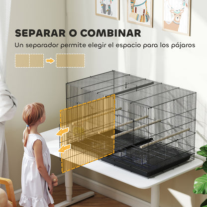 Bird Cage with Divider Aviary with 4 Feeders 4 Perches and Removable Tray Cage for Parrots Canaries Budgies 94x57x57 cm Black