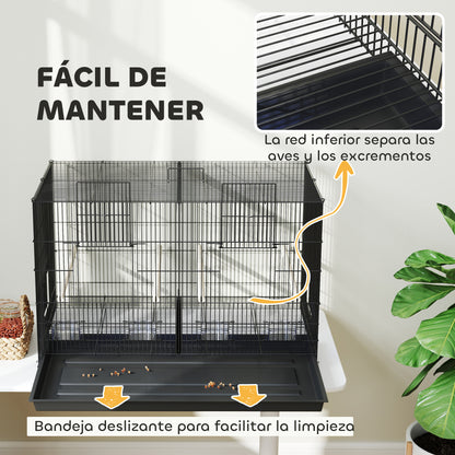 Bird Cage with Divider Aviary with 4 Feeders 4 Perches and Removable Tray Cage for Parrots Canaries Budgies 94x57x57 cm Black