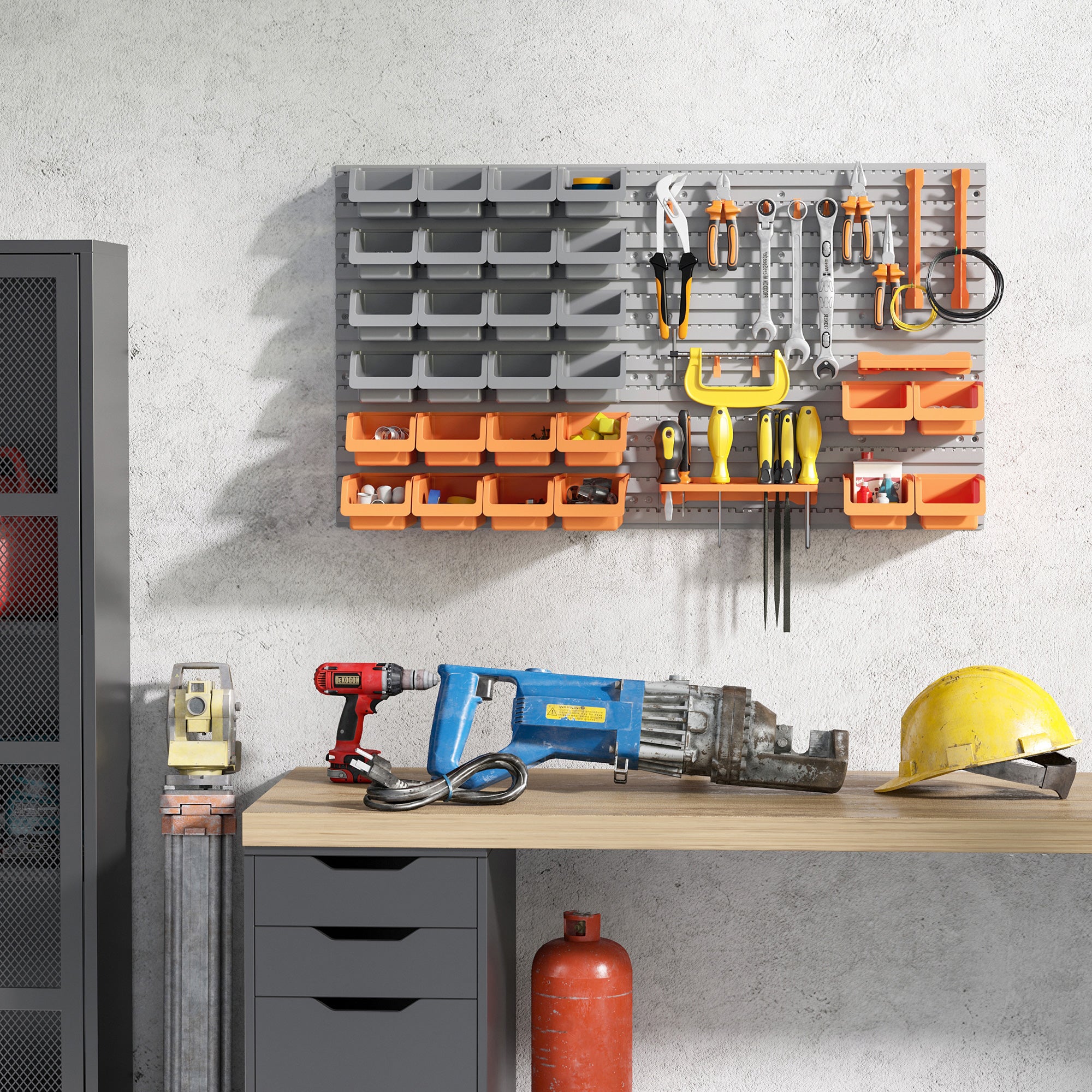 44-Piece Wall Tool Organizer 95x54 cm Wall Shelf for Tools with 28 Stackable Boxes and Different Hooks Gray and Orange