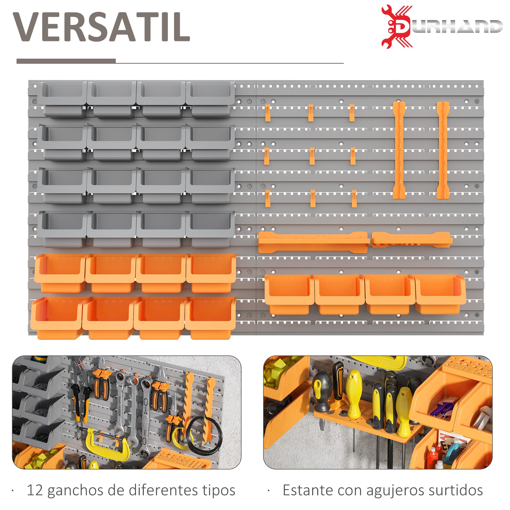 44-Piece Wall Tool Organizer 95x54 cm Wall Shelf for Tools with 28 Stackable Boxes and Different Hooks Gray and Orange