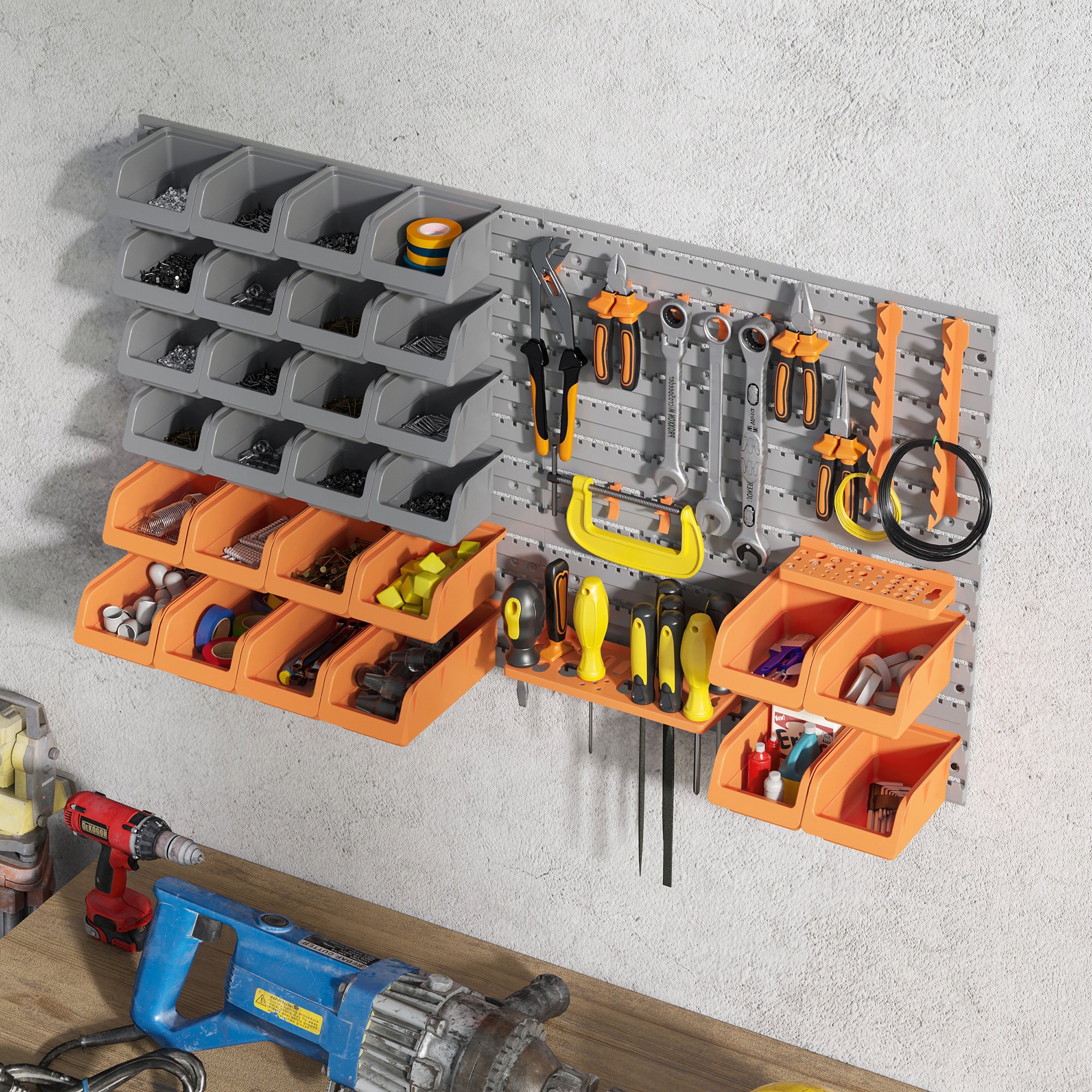 44-Piece Wall Tool Organizer 95x54 cm Wall Shelf for Tools with 28 Stackable Boxes and Different Hooks Gray and Orange