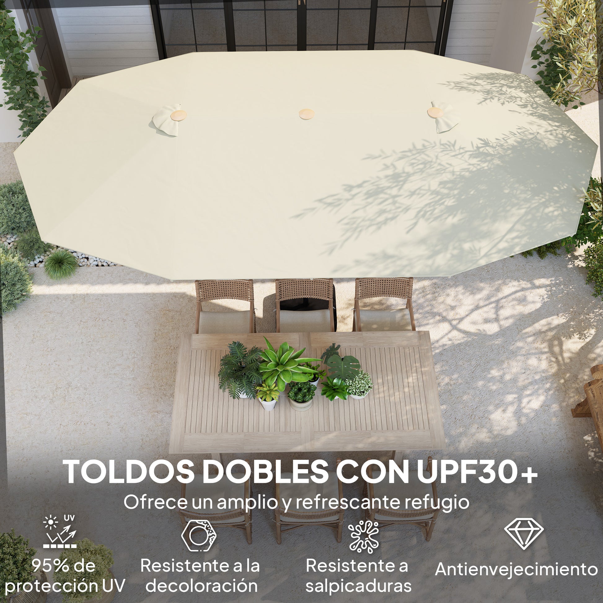 Double Sun Umbrella 4.55x2.65 m Patio Umbrella with Manual Crank Water-Resistant and Sun Protection Large Umbrella for Patio Beach Pool Beige