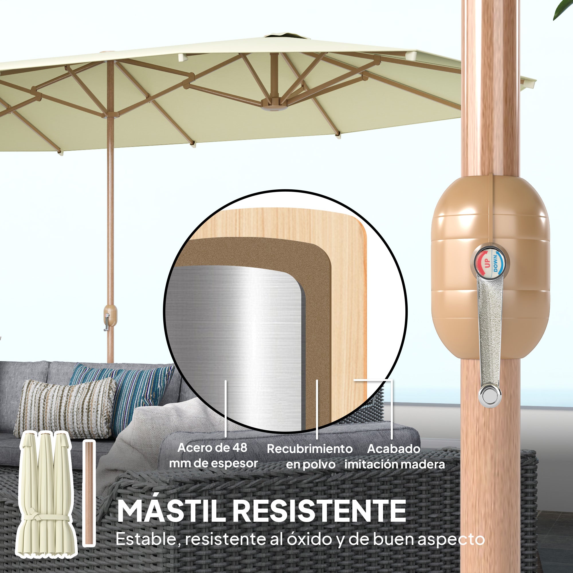 Double Sun Umbrella 4.55x2.65 m Patio Umbrella with Manual Crank Water-Resistant and Sun Protection Large Umbrella for Patio Beach Pool Beige